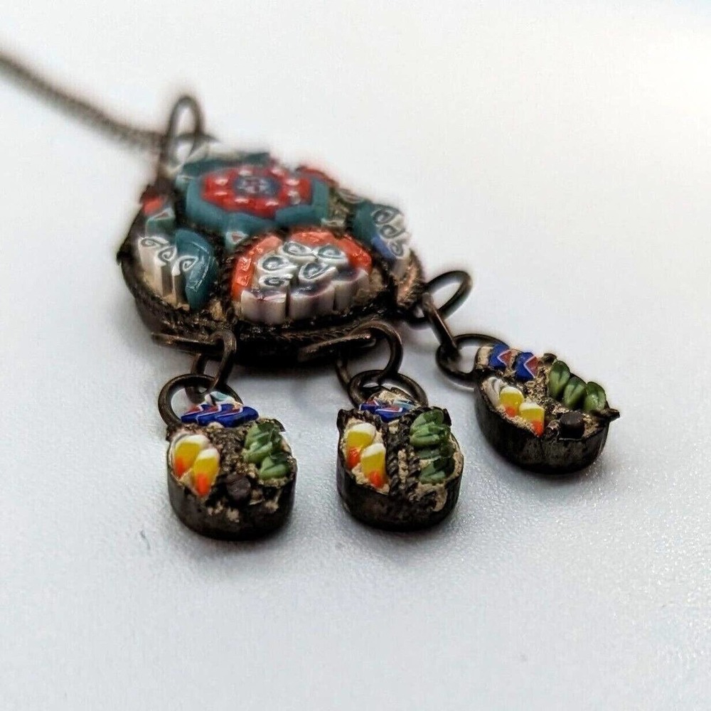 Antique Italian Micro-Mosaic Silver Pendant Lavalier Necklace w Sterling Chain - Picture 7 of 9